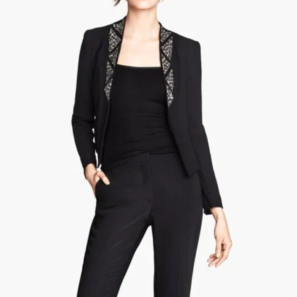 H&M Black Beaded Open Front Blazer Jacket Size 4 Evening Party Formal Chic